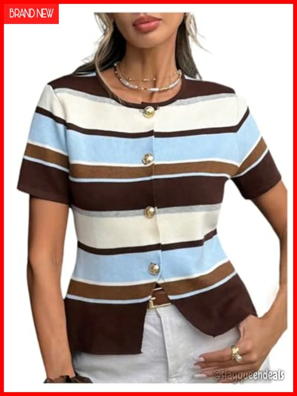 Striped Short Sleeve Crewneck Cardigan Knit Top
